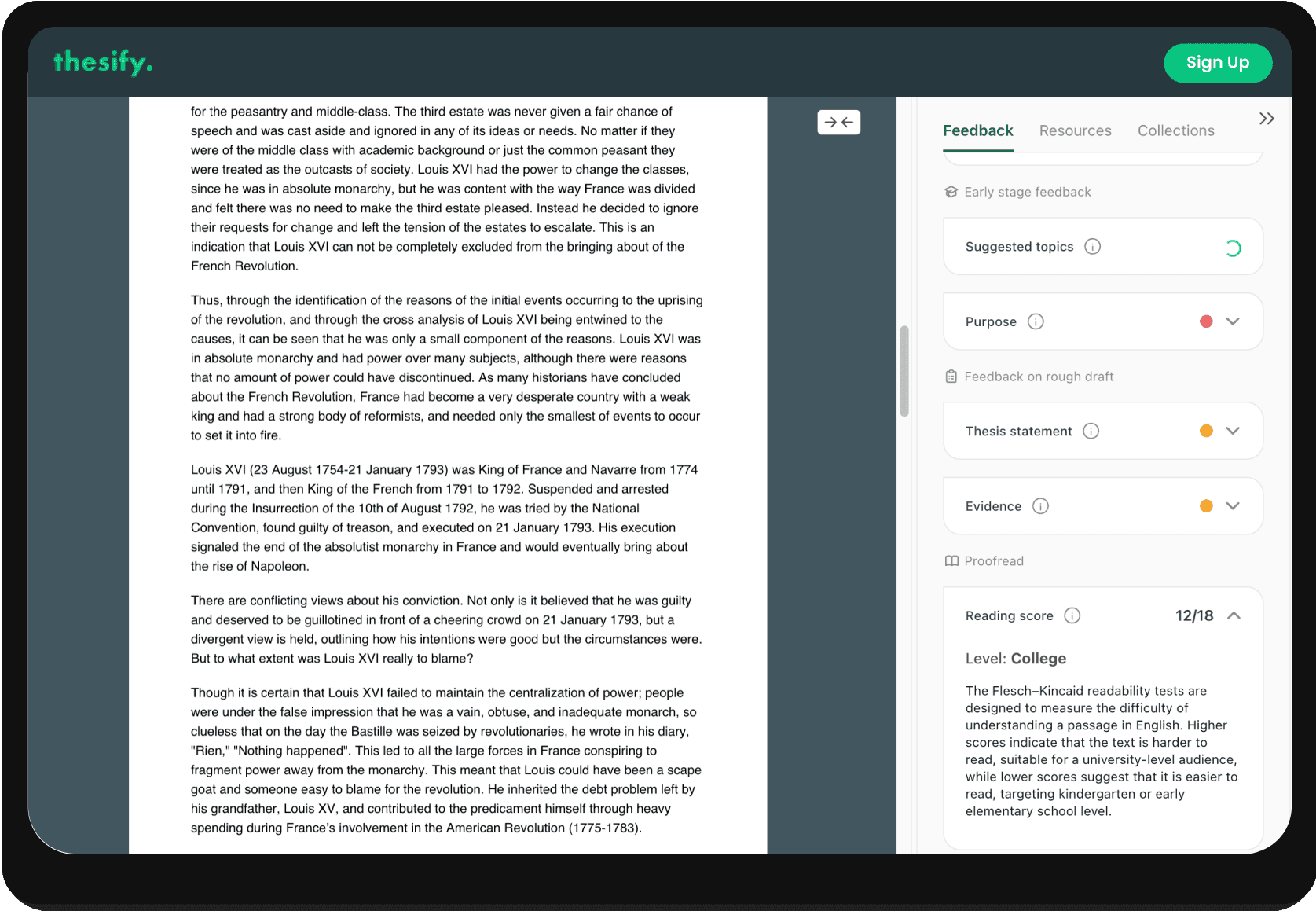 screenshot of thesify's readability score with level