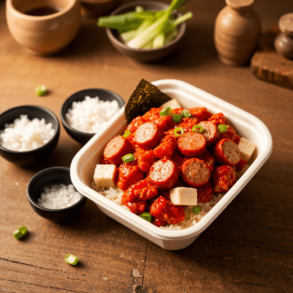 product photography of a food container with spicy chicken, rice, and side dishes