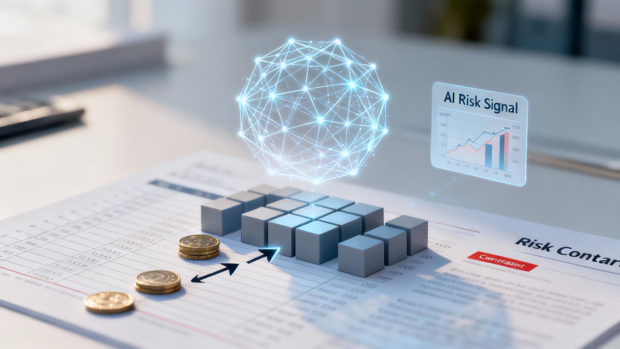An AI risk signal display, network sphere, coins, and cubes on a financial document.