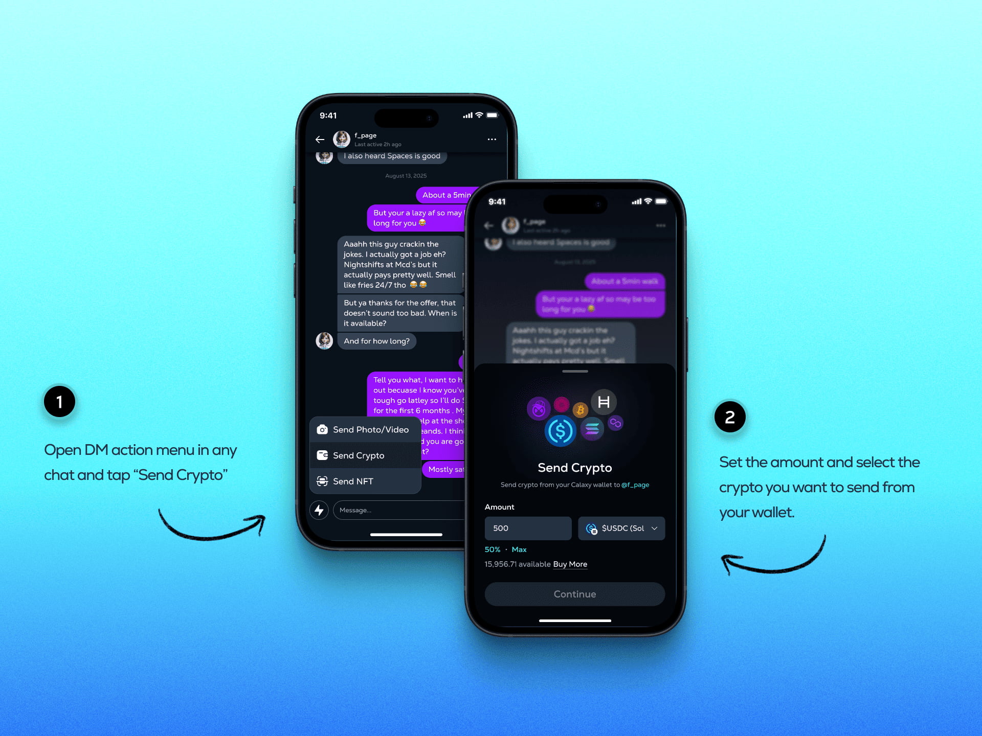 In-chat crypto send interface from the Calaxy blockchain social platform, displaying amount selection, token choice, and wallet balance prior to sending USDC.