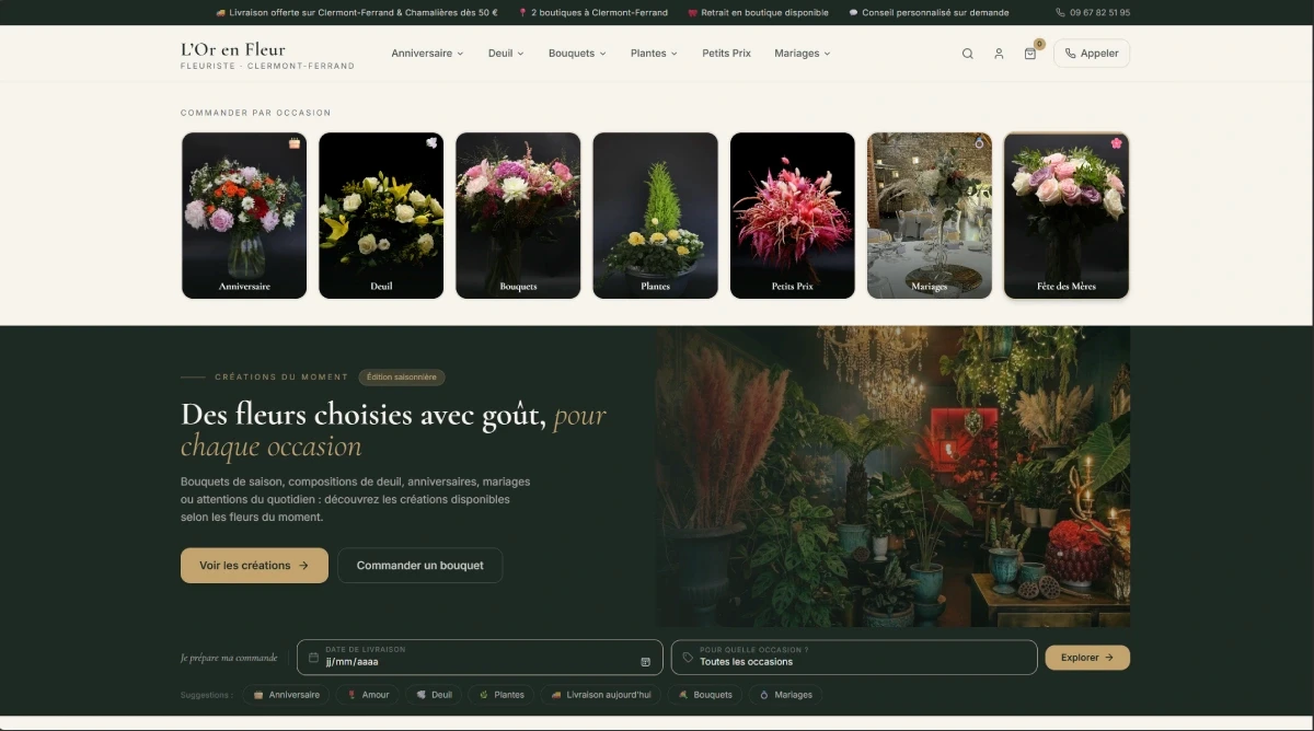 Page d’accueil du site L’Or en Fleur, fleuriste à Clermont-Ferrand, avec sélection de bouquets et compositions par occasion.