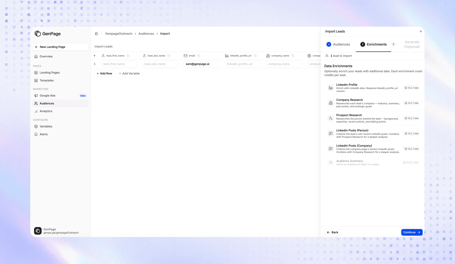 GenPage enrichment options for ABM landing page research — LinkedIn profile, company research, prospect research, and post history