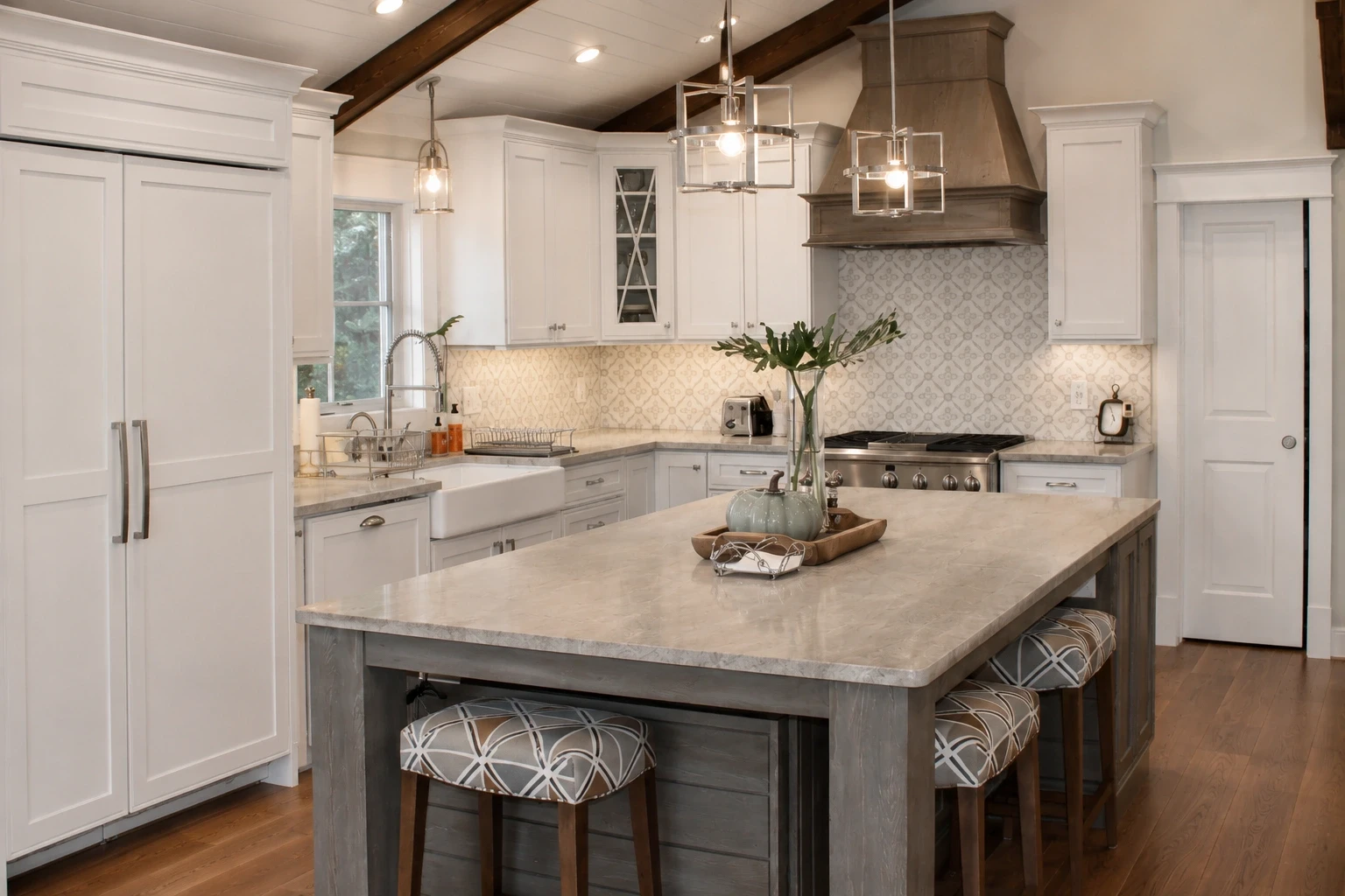 beautiful kitchen remodeling with wood beams on the ceiling