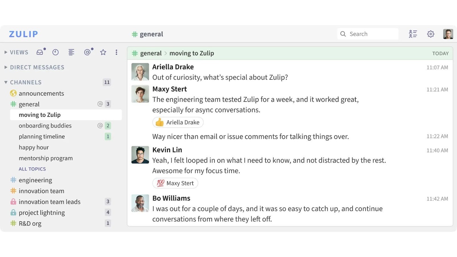Zulip’s threaded topics for organized team chat conversations
