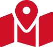 A red map icon with a location pin symbol on top, indicating navigation and wayfinding.