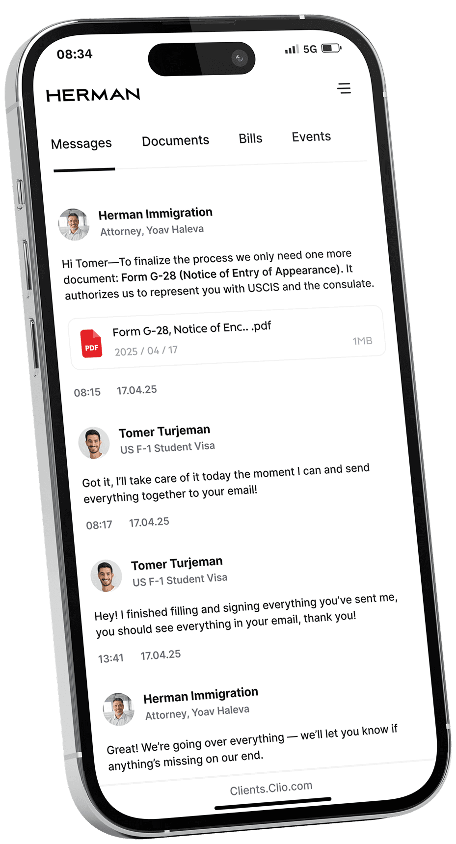 Chat between Herman company and a client in herman's phone app