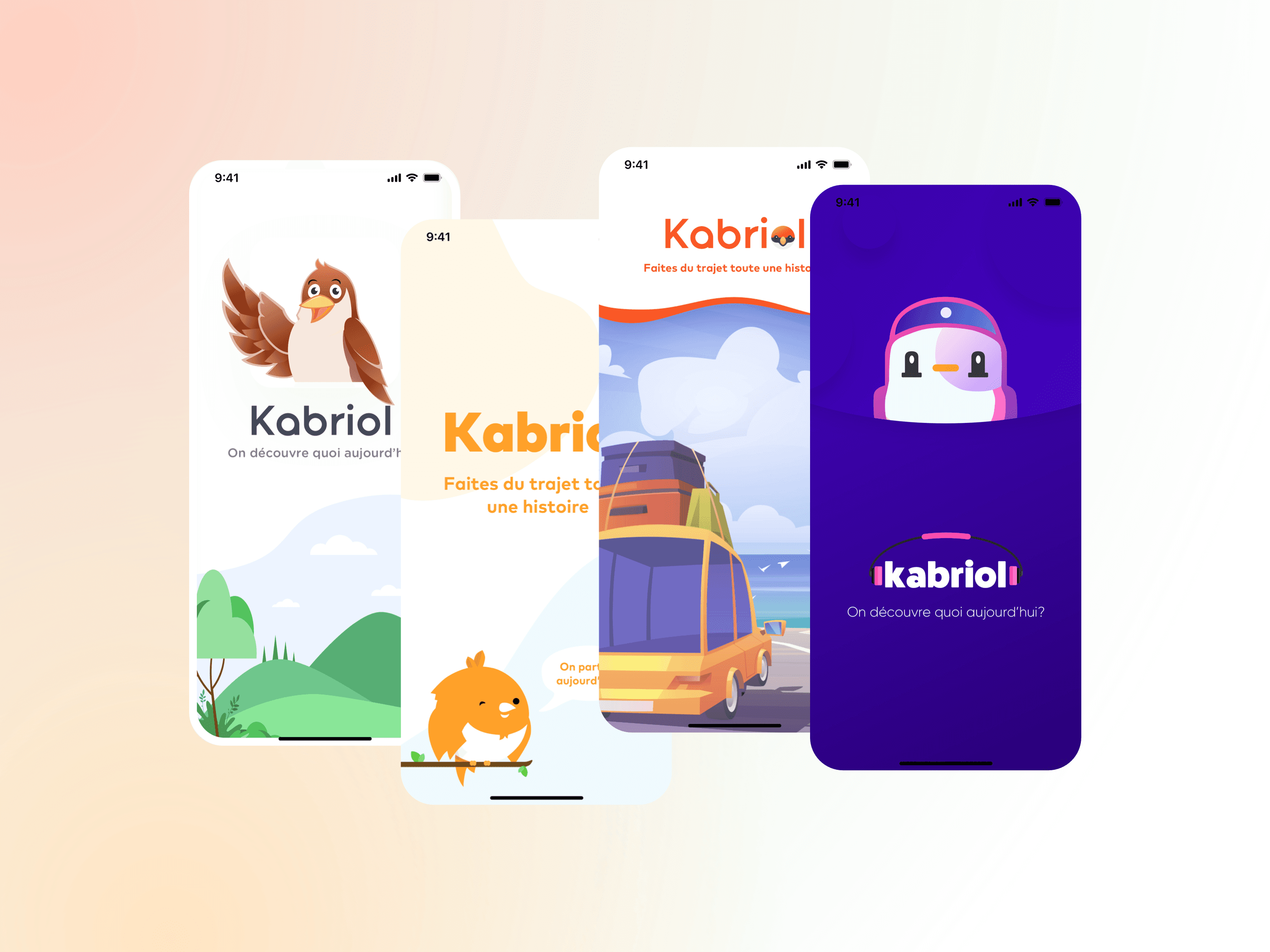 Quatre propositions d'écrans de démarrage de l'application mobile Kabriol, présentant différents designs.
