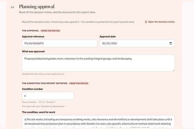 A planning decision notice with the tree condition found and quoted word for word