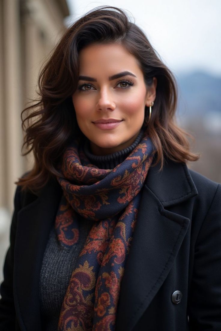 Woman with wavy hair, wearing a navy and orange patterned scarf and a black coat, smiles softly. Soft focus background suggests a cityscape.