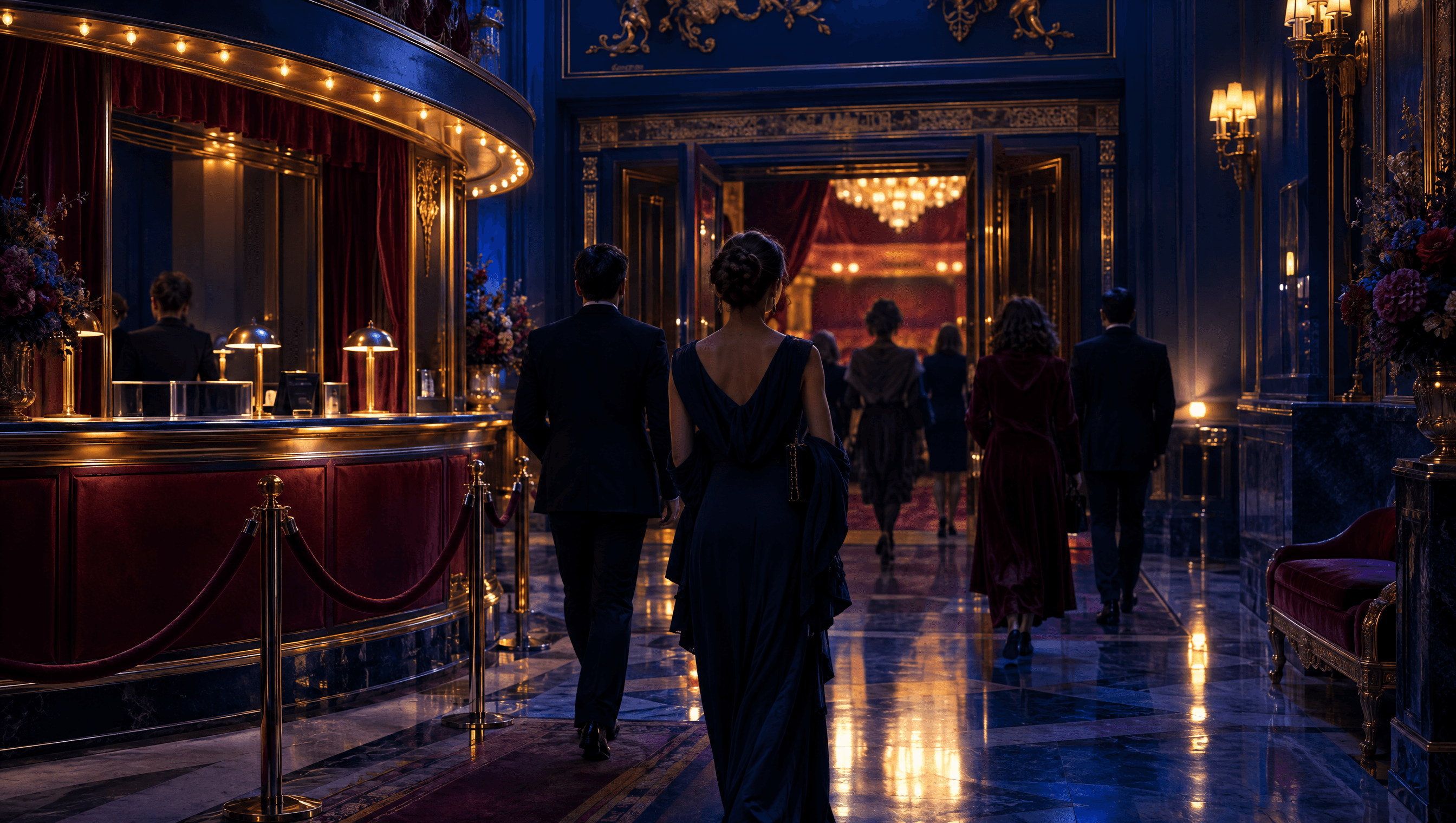 Foyer de théâtre et guichet un soir de représentation