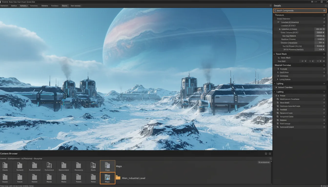A high-resolution screenshot of the Unreal Engine game development software, featuring a Modern Dark Mode UI. The interface is structured with a large central viewport, a content browser at the bottom, and a details panel on the right. The viewport displays a detailed 3D scene of a futuristic industrial structure on a snowy, alien planet, with a large textured planet visible in the sky. The right-side panel is populated with numerous UI elements, hierarchical lists, and input fields with placeholder data. The bottom panel shows a grid of folder icons with abstracted text labels. The color scheme is a mix of the dark charcoal UI, the cool blues and whites of the sci-fi scene, and subtle orange UI highlights.