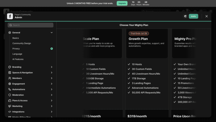 mighty networks selecting plan