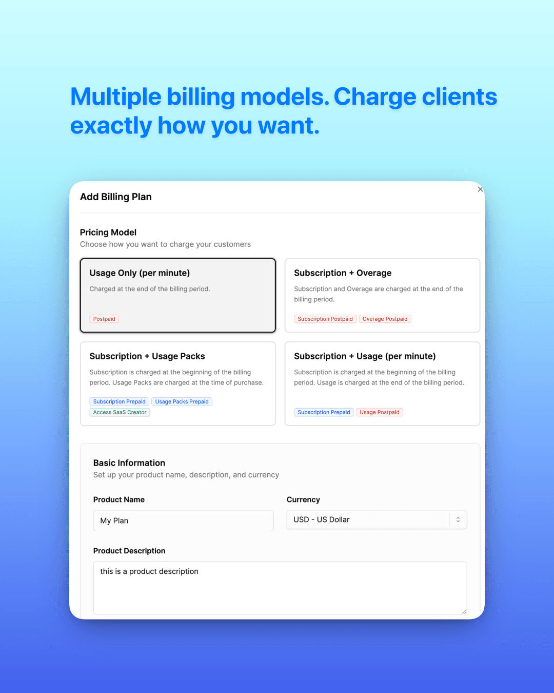 VoiceAIWrapper billing plan setup showing four pricing models including usage-only, subscription, and overage options for agencies. | VoiceAIWrapper