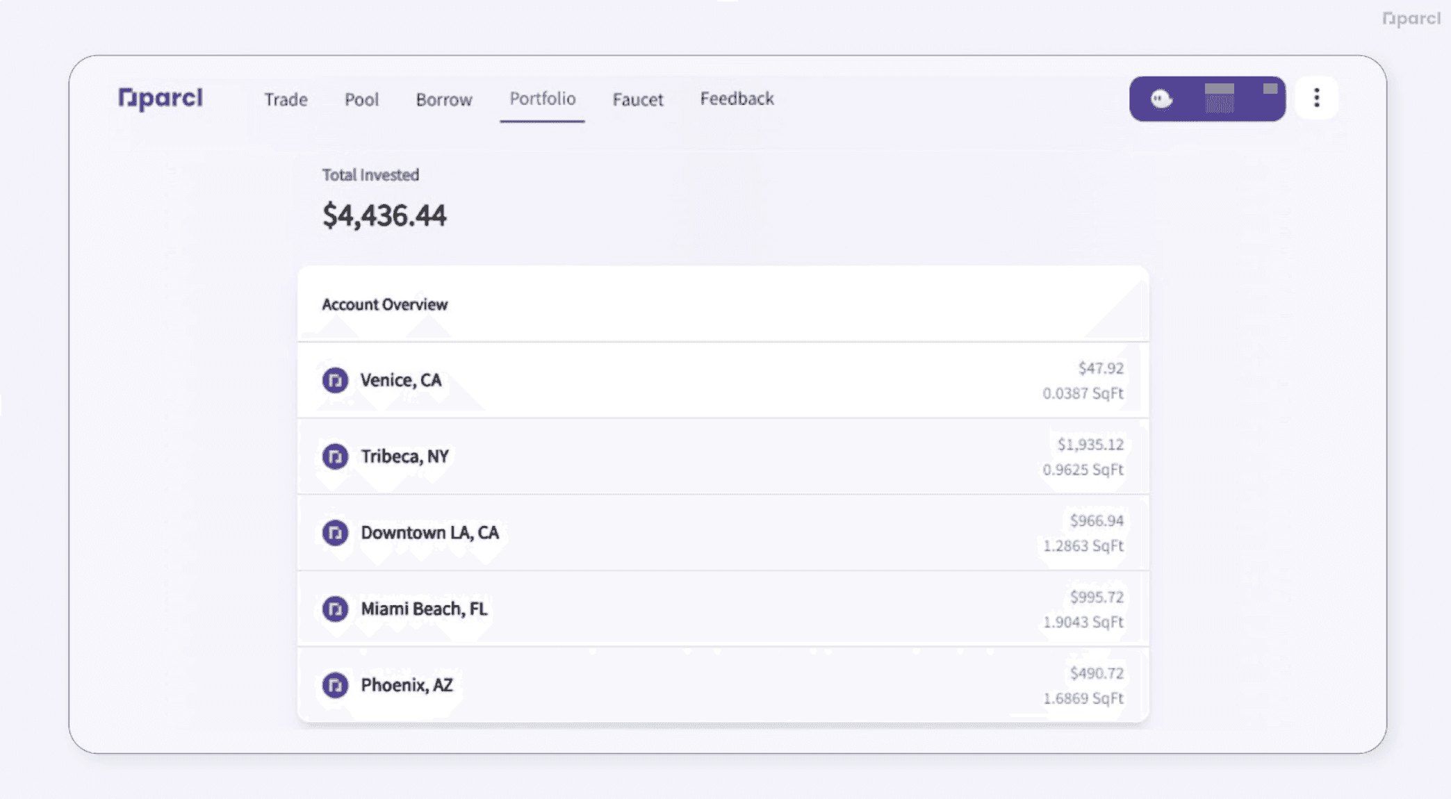 Parcl Trade page showing Venice, CA, Tribeca, NY, Downtown LA, Miami Beach FL, and Phoenix, AZ.