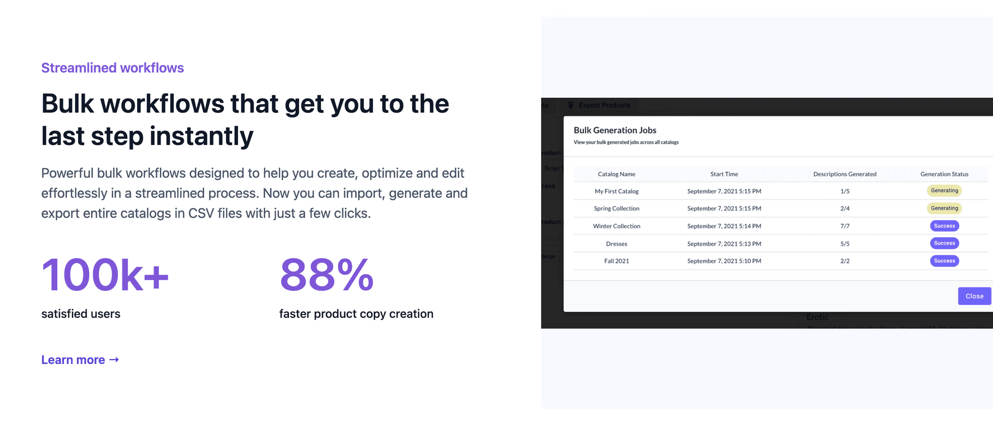 Bulk workflow feature section on Hypotenuse AI website