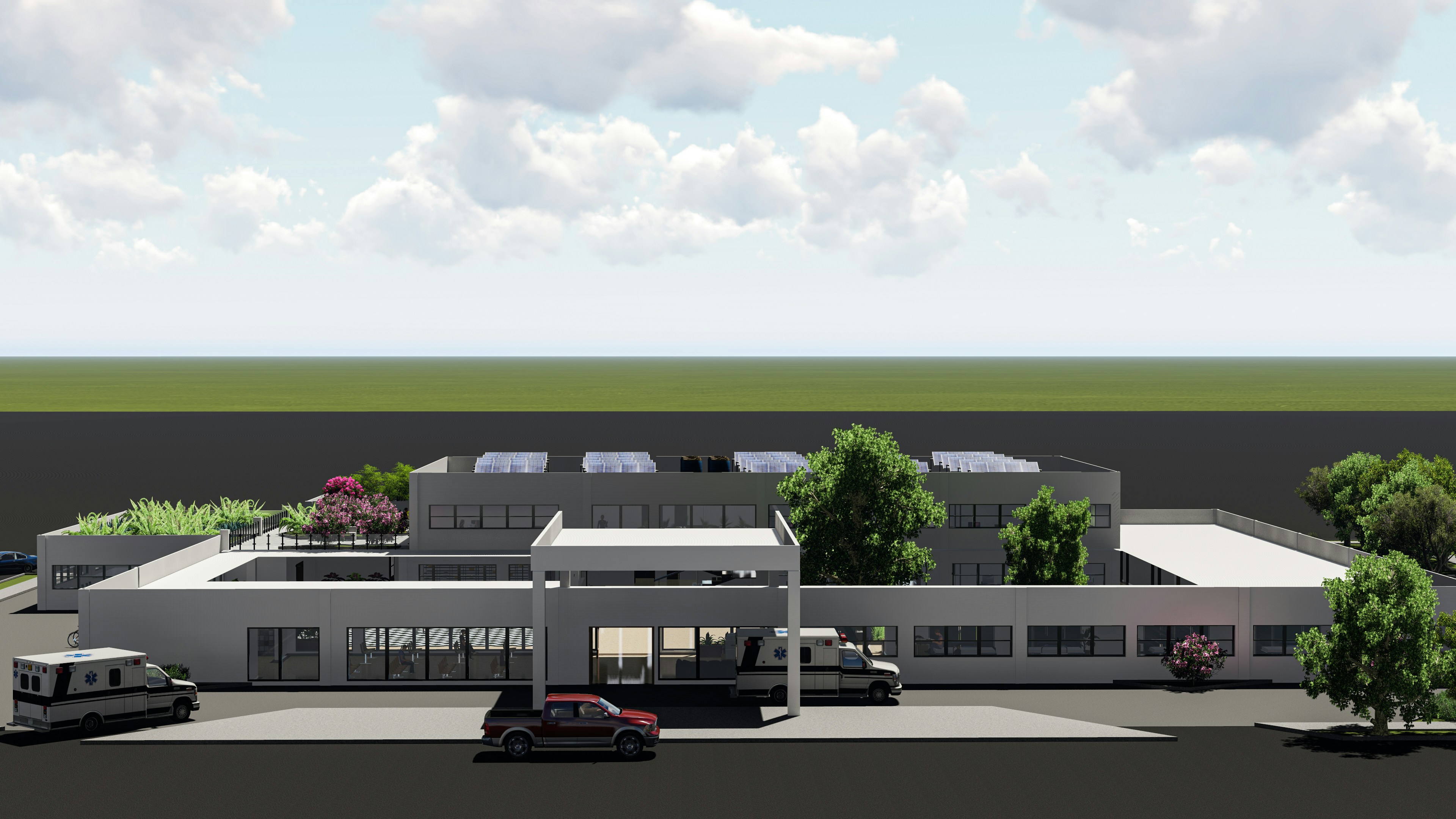Front Lumion render of a commercial building with vehicles, trees, rooftop panels, and open sky background