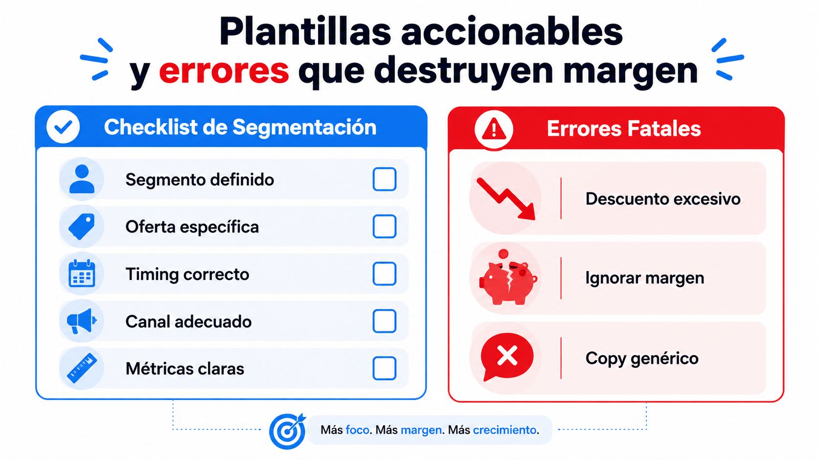 Gráfico comparativo de checklist de segmentación y errores comunes que afectan el margen de beneficios empresariales.