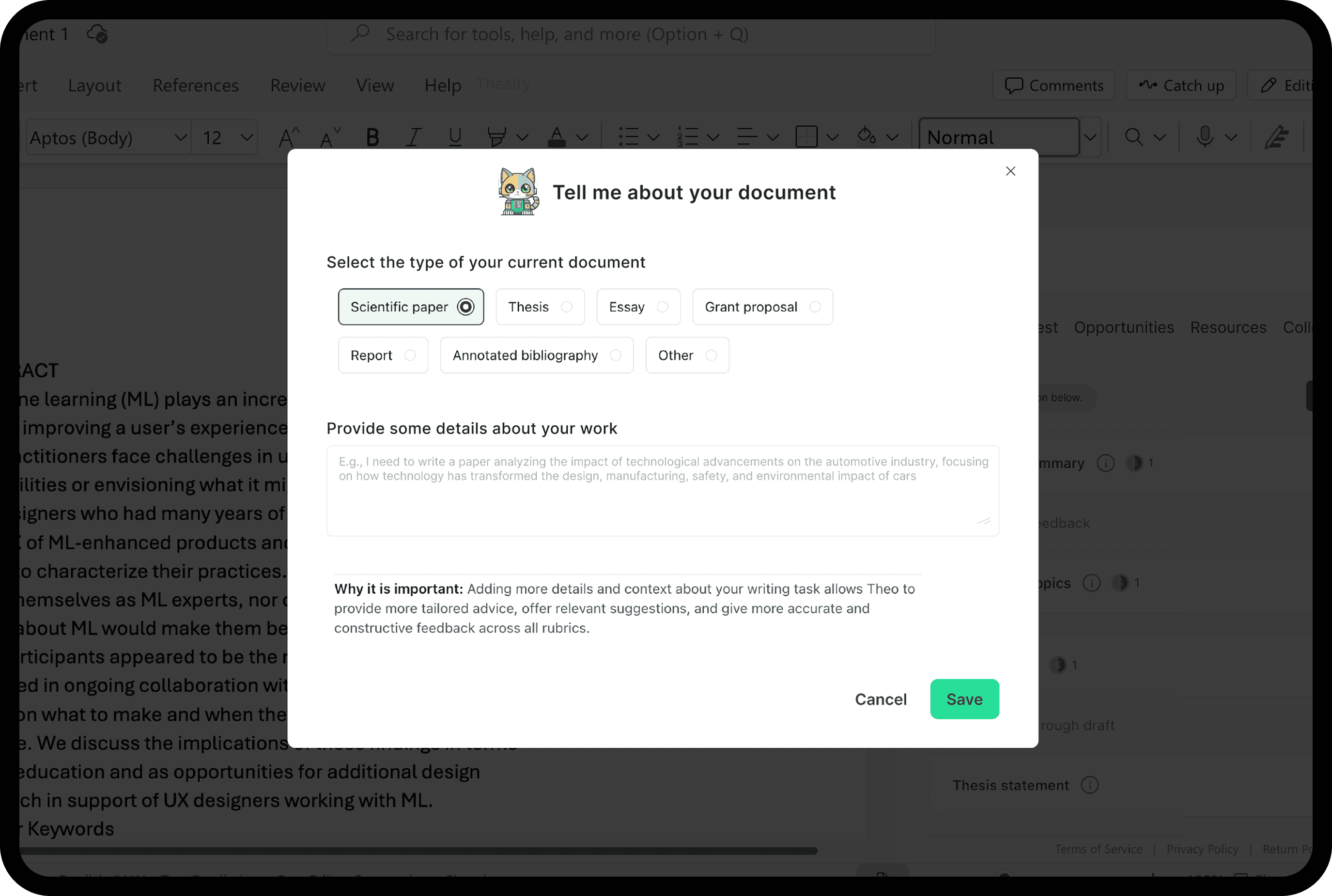 Screenshot showing how to add details about the type of document or paper using the Thesify plugin in Word
