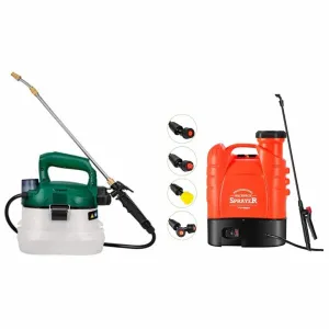 A green and white sprayer next to an orange and black sprayer, with additional nozzle attachments displayed.