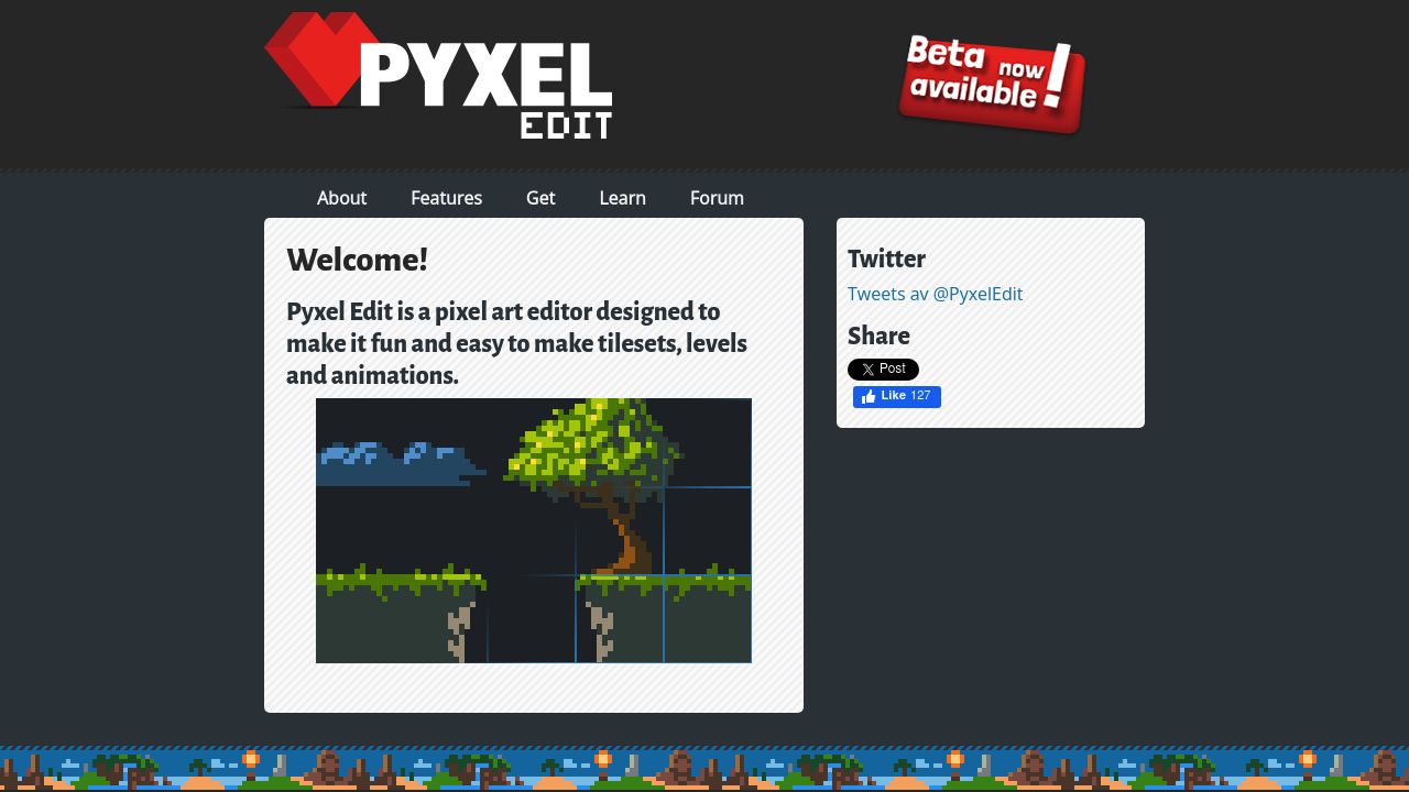 Screenshot of the PyxelEdit website highlighting pixel art and tileset creation software