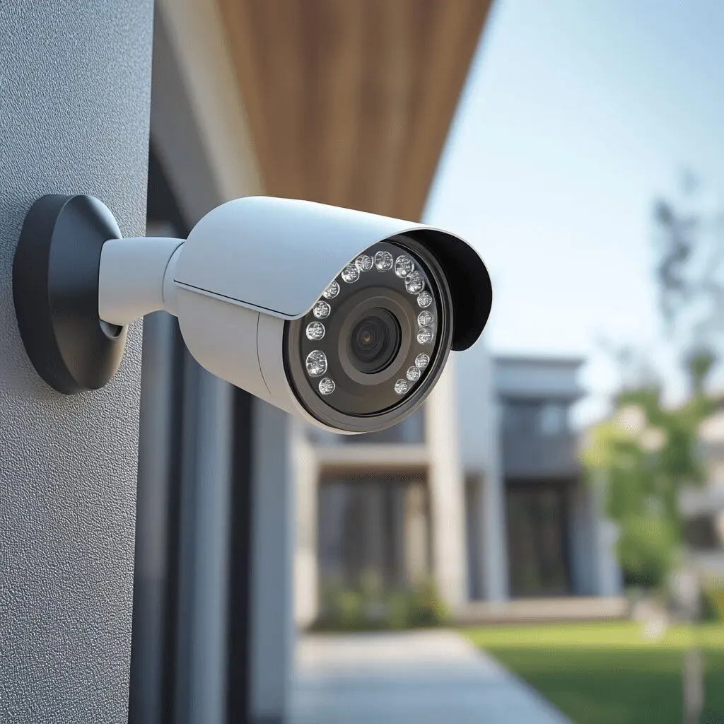 A modern outdoor security camera mounted on a wall, overlooking a residential property with a blurred background of a house and greenery. The camera features infrared LEDs for night vision.