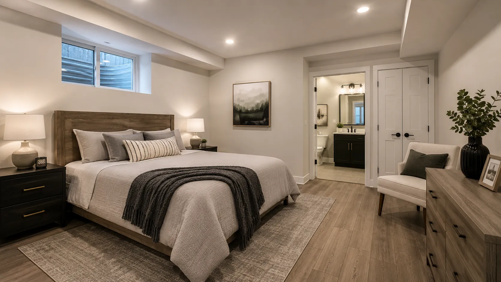 Modern guest bedroom basement with wood-frame bed, cream and gray bedding, ensuite bathroom access, sitting area with chair, contemporary furnishings, neutral color palette, and wood-look flooring throughout.