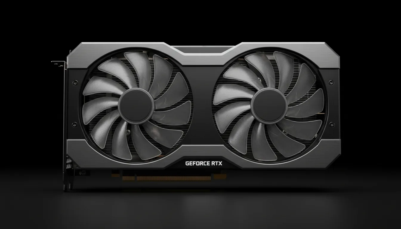 High-angle DSLR product shot of a modern Nvidia RTX 3090 Founders Edition style graphics card, featuring a matte black shroud and a brushed gunmetal gray aluminum frame, showcased under soft studio lighting against a pure black background, sharp focus on the object's clean industrial design and cooling fan.