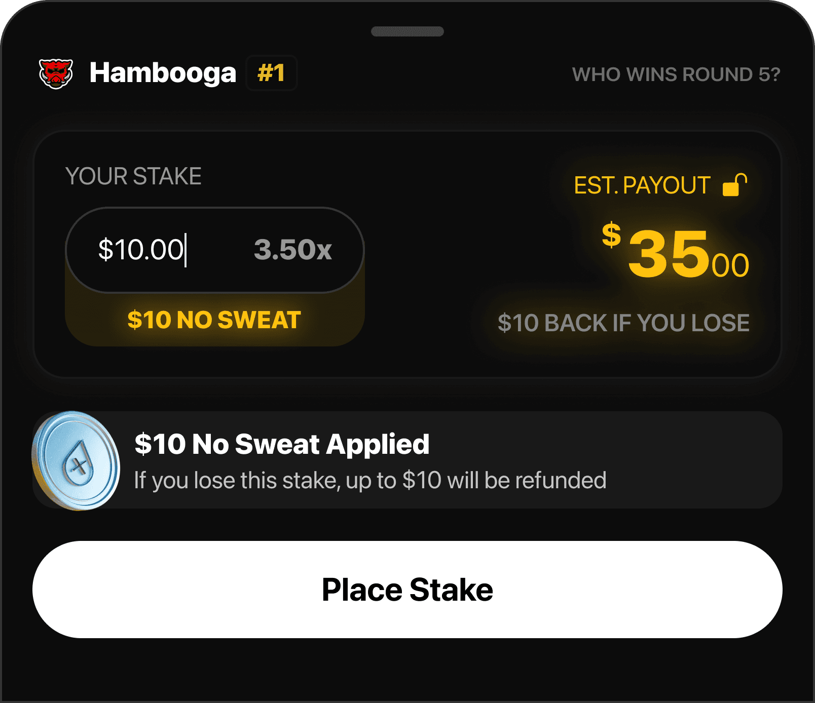 1v1Me No Sweat First Stake promotion showing $10 refund bonus on first stake with estimated $35 payout and place stake button inside the esports staking app
