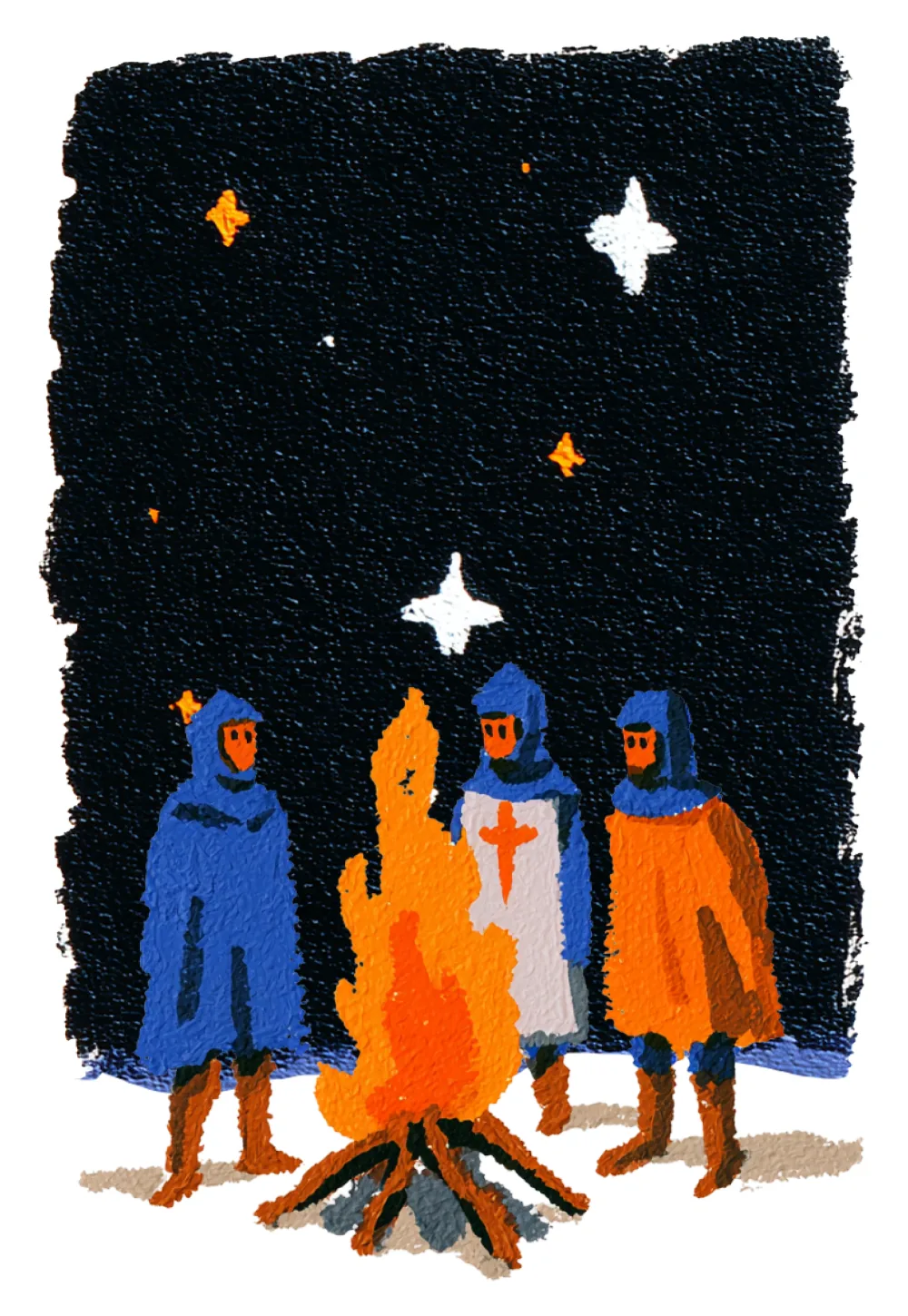 Three cloaked adventurers gather around a campfire beneath a starry night sky.