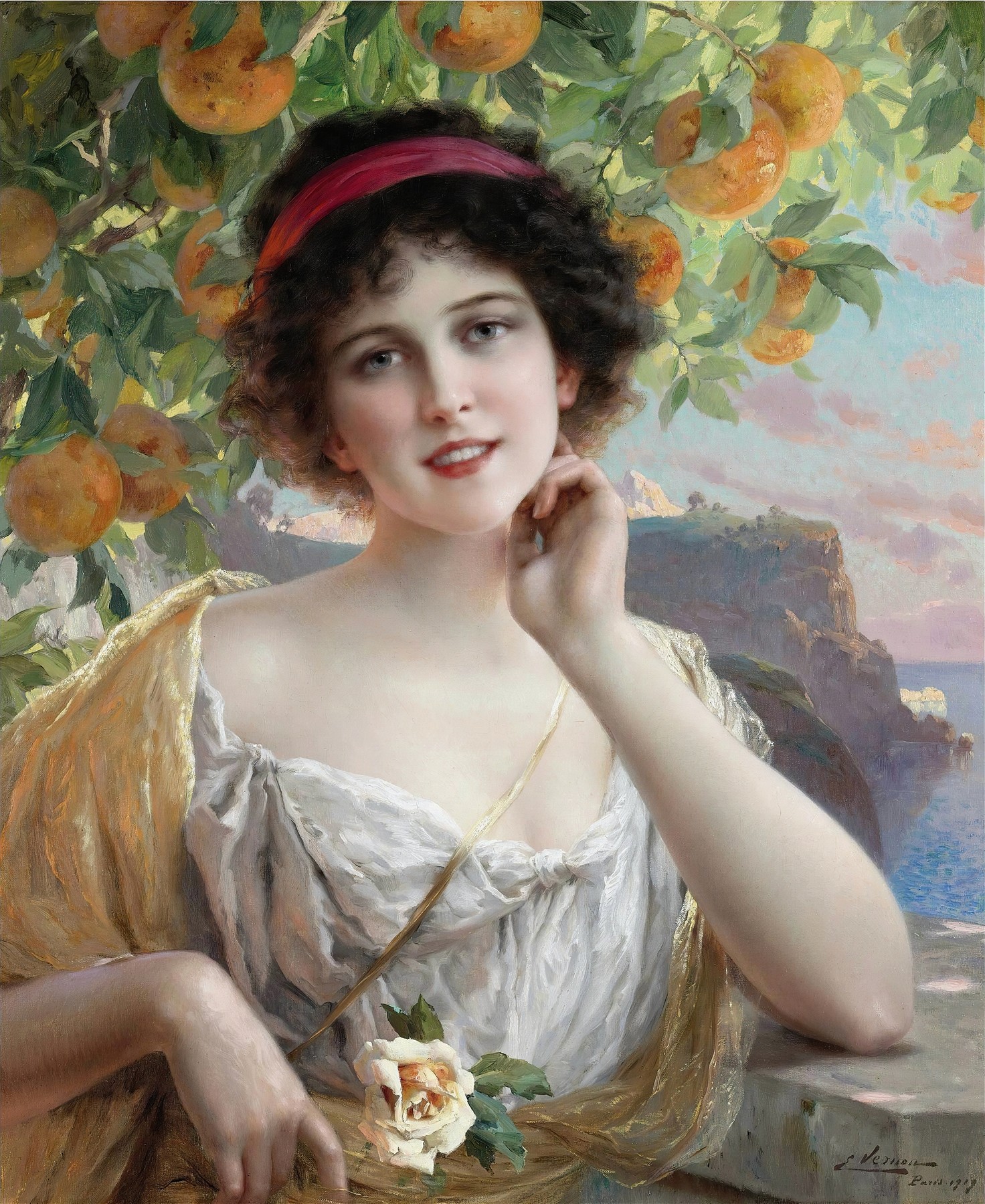 La obra de arte de Emile Vernon titulada Belleza bajo el árbol de naranja