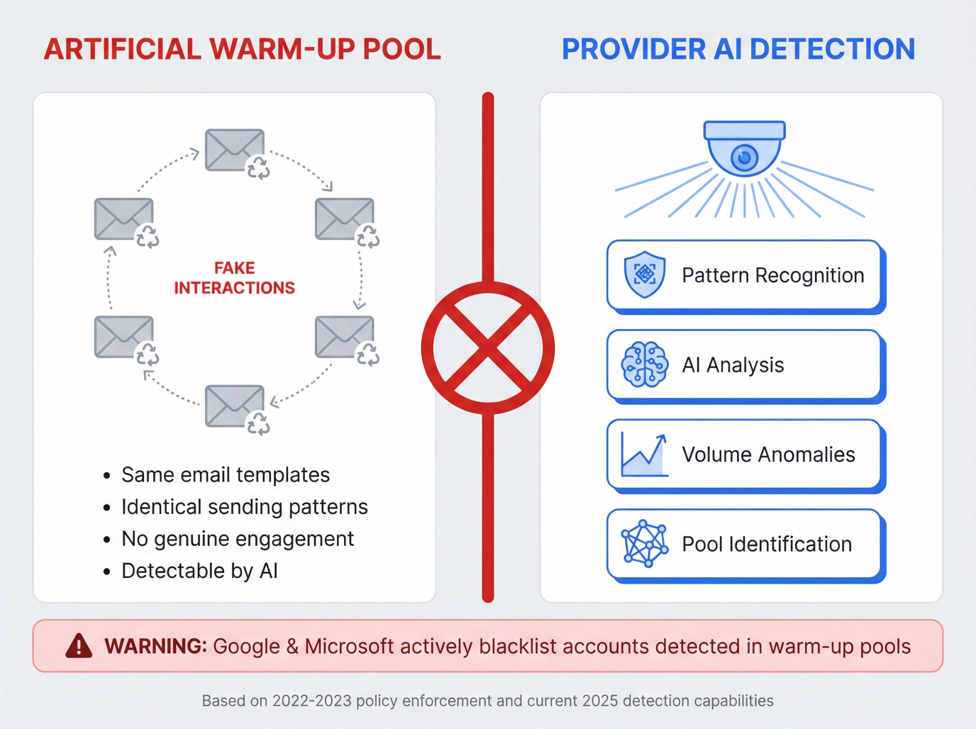 Visual diagram showing how email providers detect artificial warm-up pools with pattern recognition and AI analysis