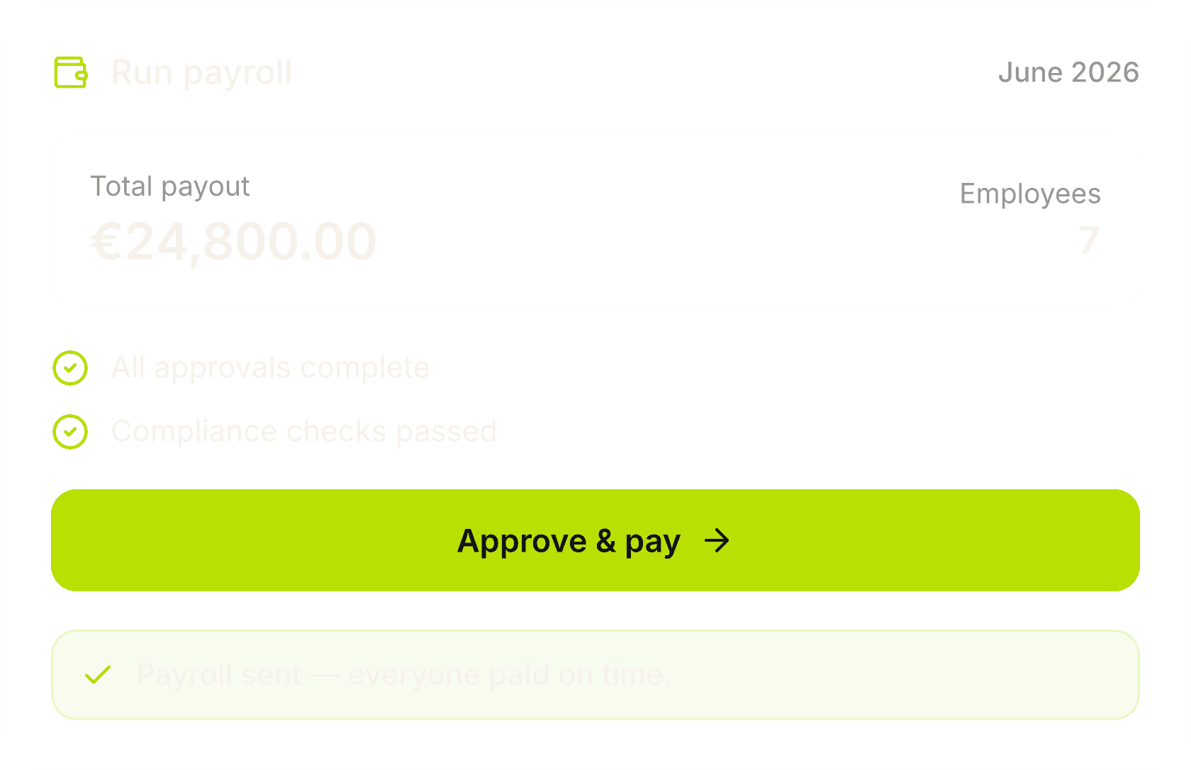 Run payroll card showing total payout, employee count and approve button