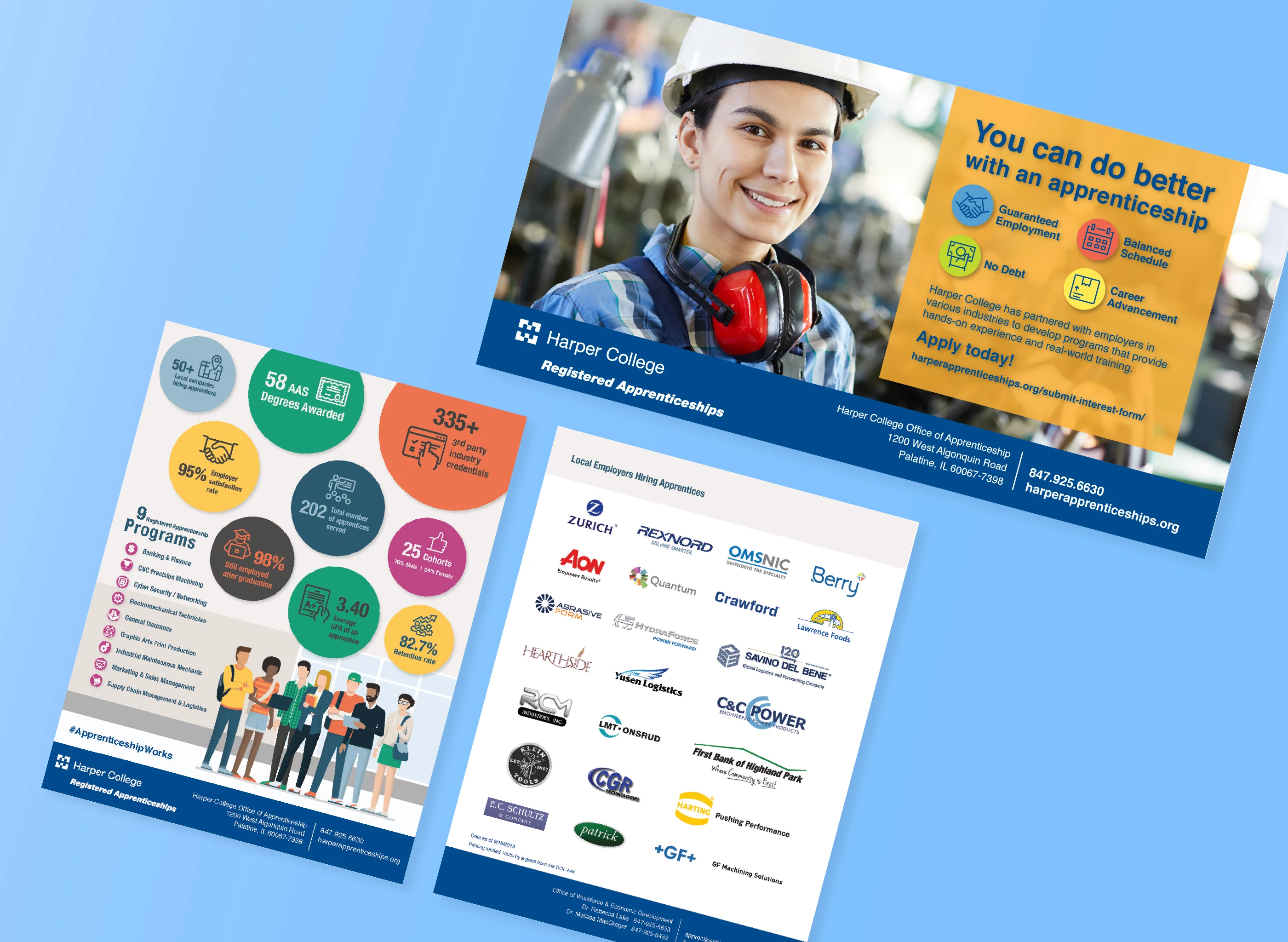 Display of Harper College apprenticeship postcard and flyer.