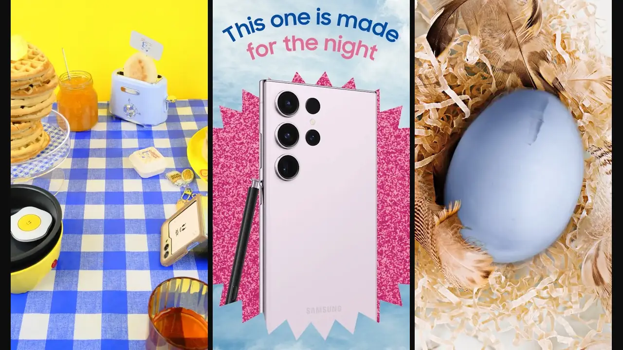 Three scenes from Samsung’s year: a waffle breakfast, a pink phone, a blue egg in a nest