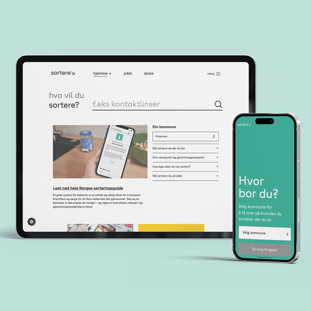 Tablet and phone mockups of the Sortere app