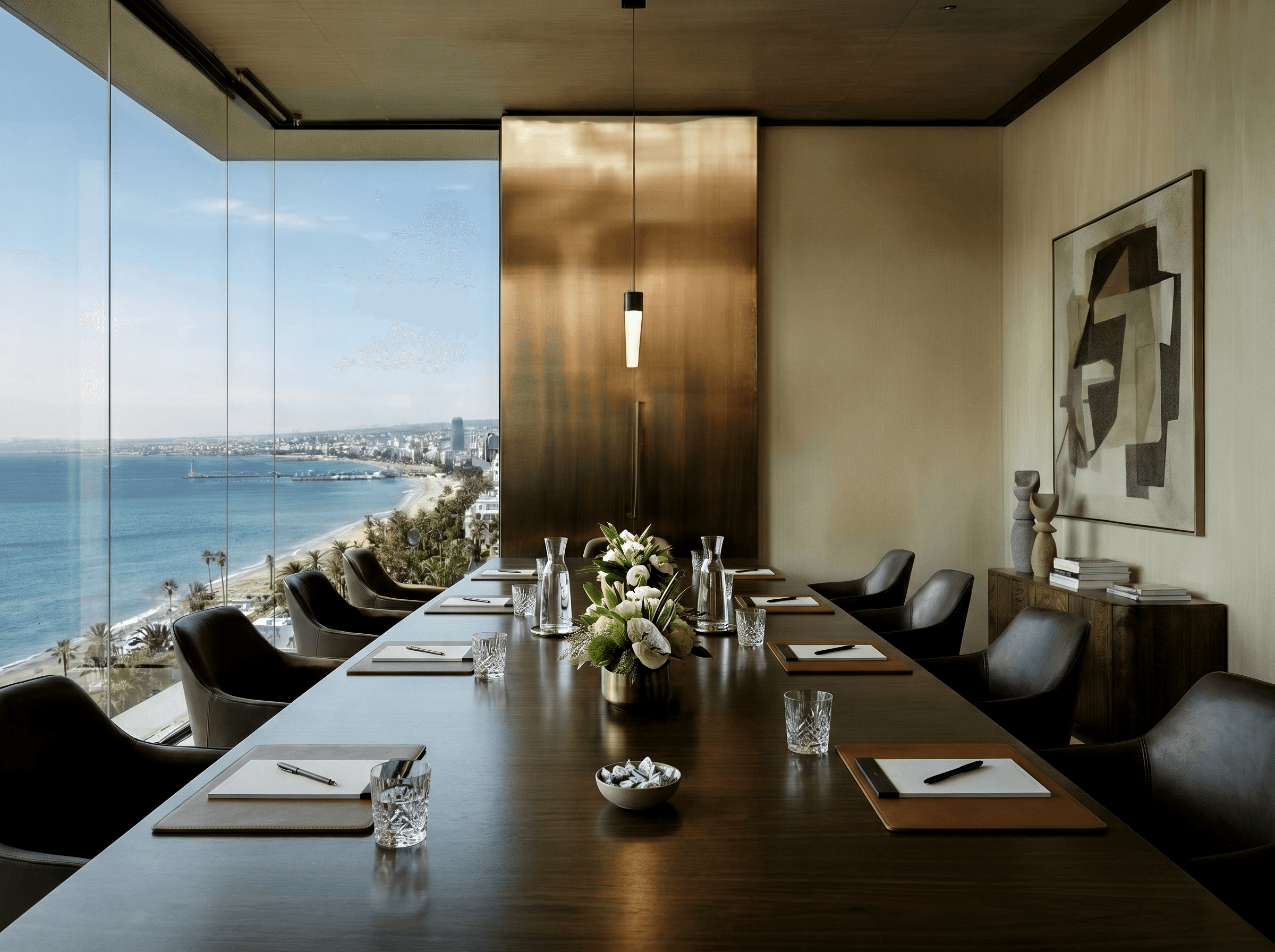 Executive meeting room in Cyprus with sea view, wood table, leather chairs, and warm interior lighting