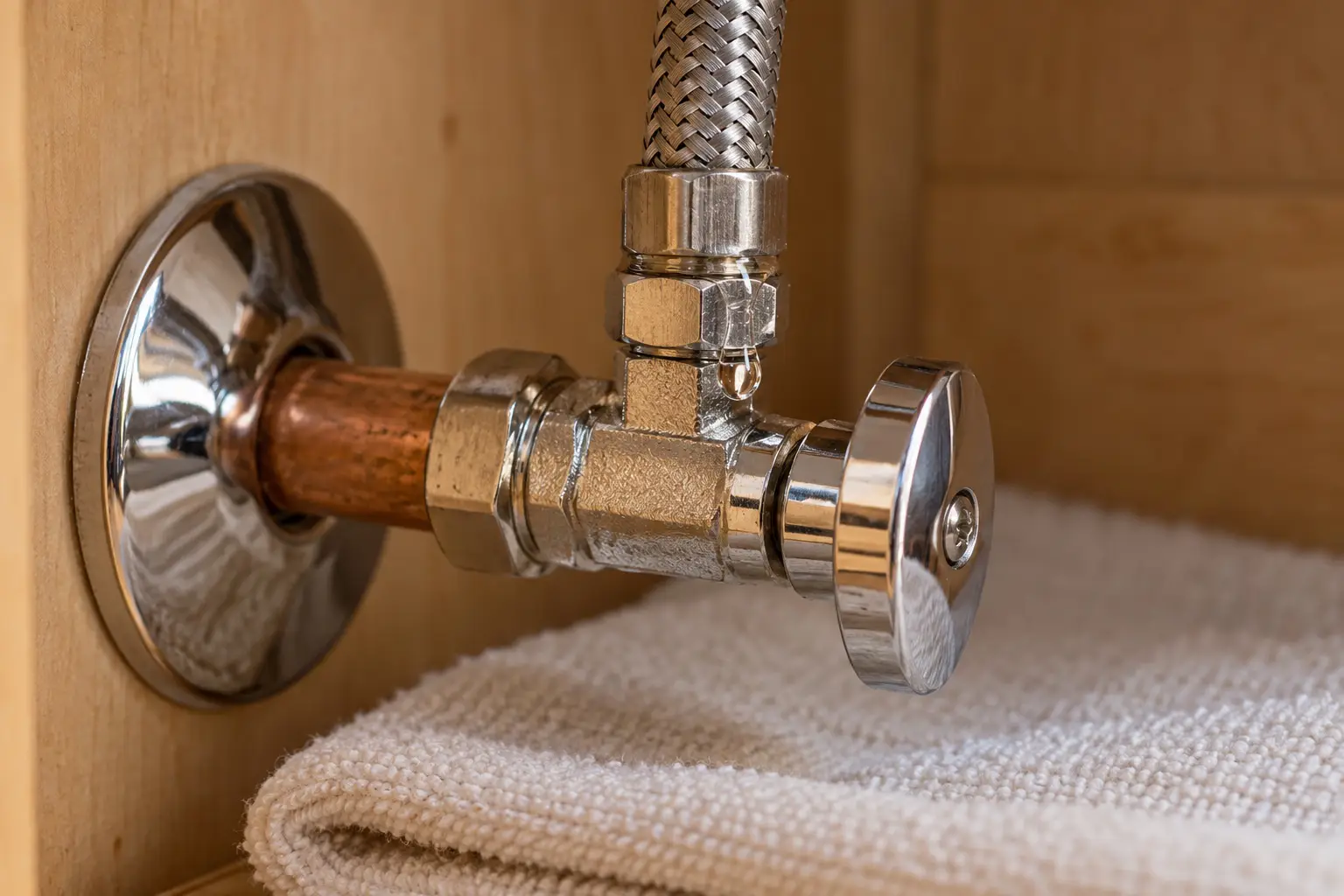 A small water droplet forms at an under-sink connection.