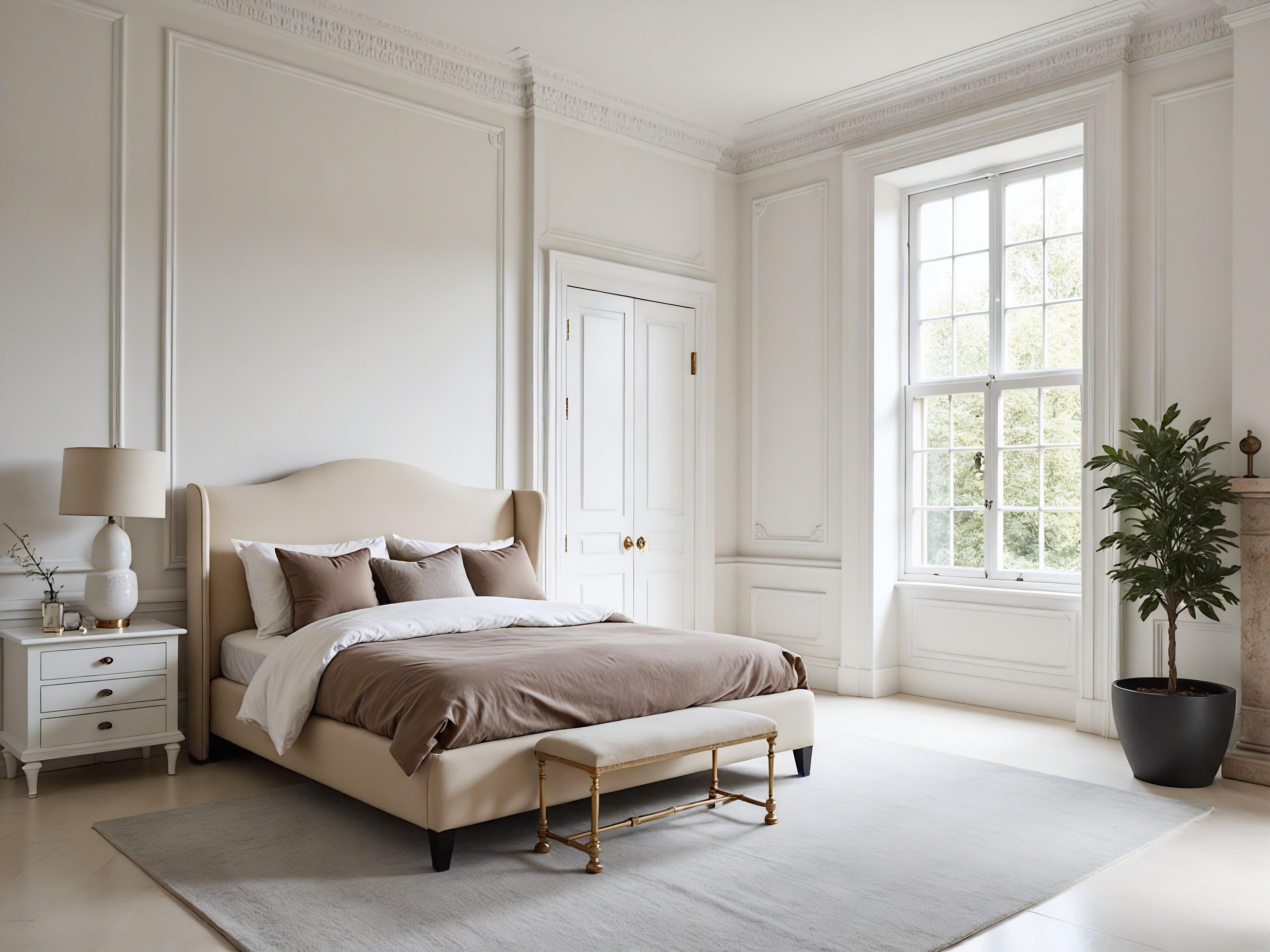 A luxurious, traditional bathroom with off-white paneled walls, white marble flooring, and intricate crown molding. Centered under a large three-paneled sash window is a white clawfoot bathtub featuring ornate gold feet and a matching gold faucet. A delicate crystal chandelier hangs directly above the tub. To the left, a walk-in shower with marble wall tiling and a glass door is visible, with a white towel hanging on a gold rail nearby. To the right, a white vanity with a marble countertop holds a gold faucet, paired with a gold-framed mirror and a classic wall sconce. The room is filled with bright, natural light, creating an airy and sophisticated atmosphere.
