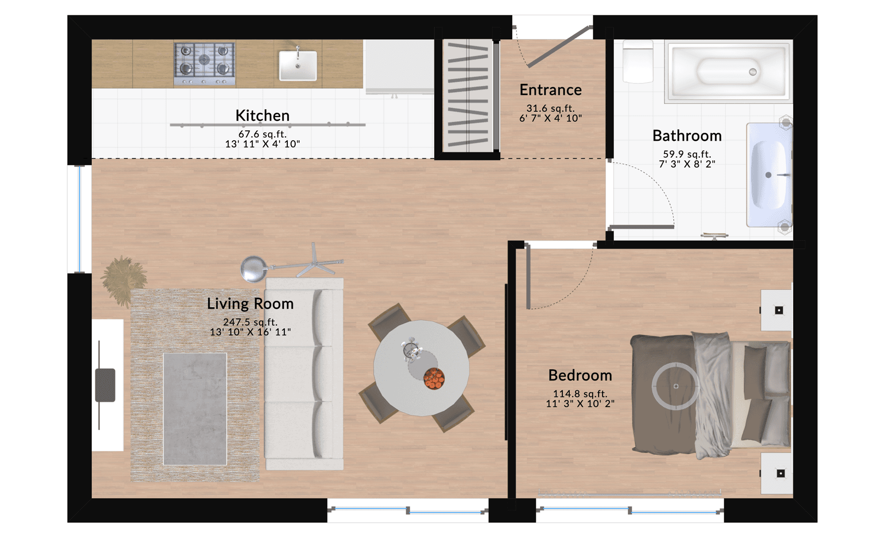 Furnished one-bedroom apartment floor plan featuring a spacious living room, bedroom, kitchen, bathroom, and a modern dining area designed for small spaces.