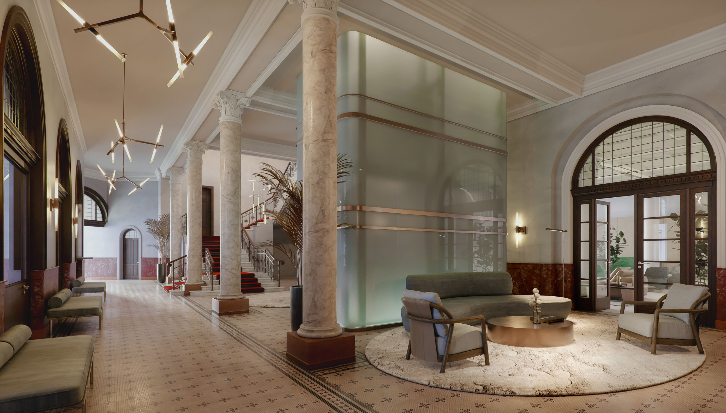 Photorealistic render of a grand interior.
