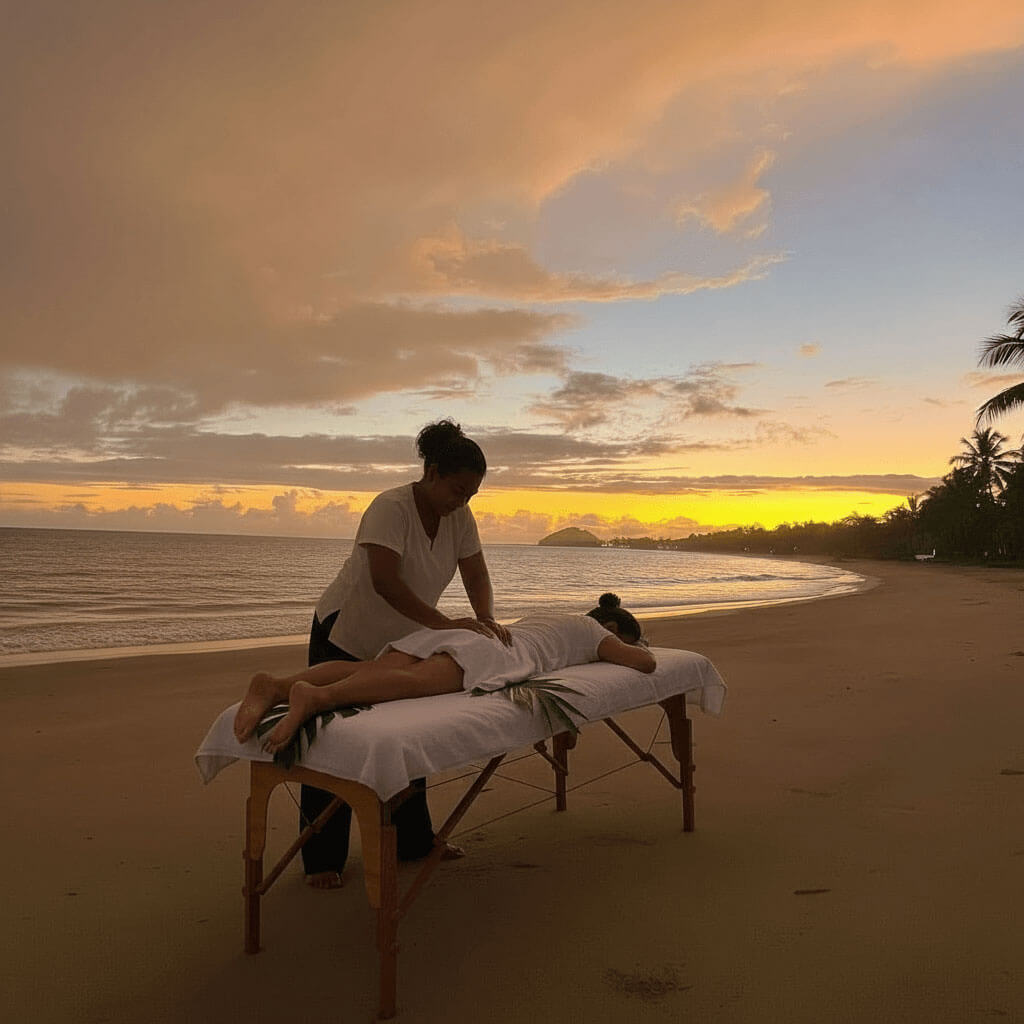 Beachfront massage session at sunset with a therapist massaging a client on a tropical Fiji beach at Uprising Beach Resort