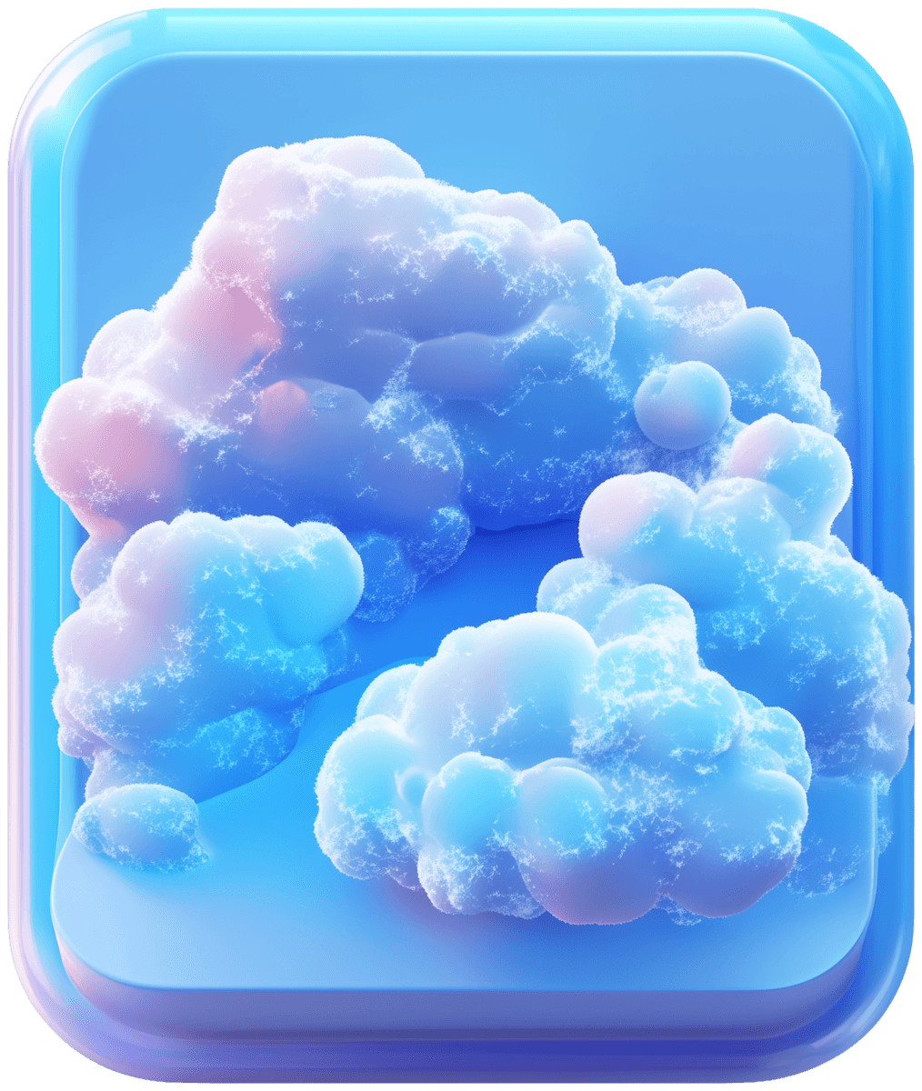 A 3D icon featuring a cluster of frosted pastel blue and pink clouds inside a glossy blue rounded square frame.