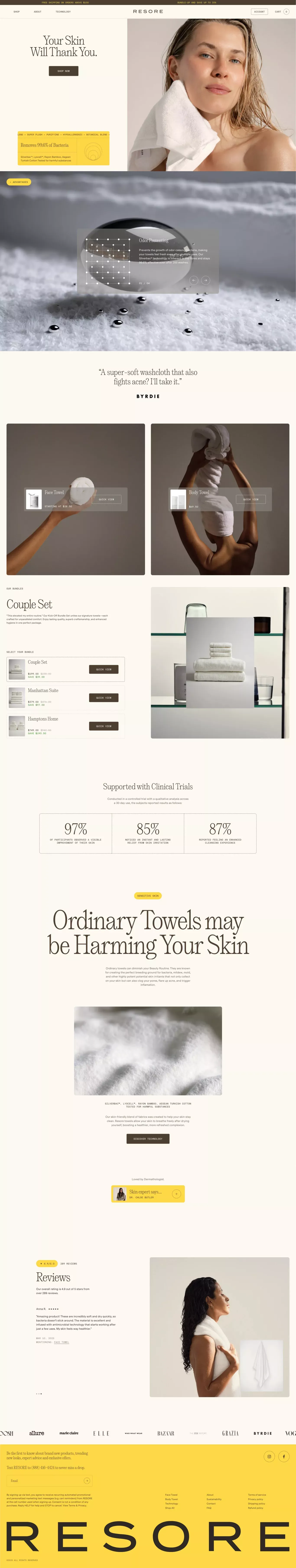 RESORE ecommerce page screenshot showcasing Beauty and Ecommerce design