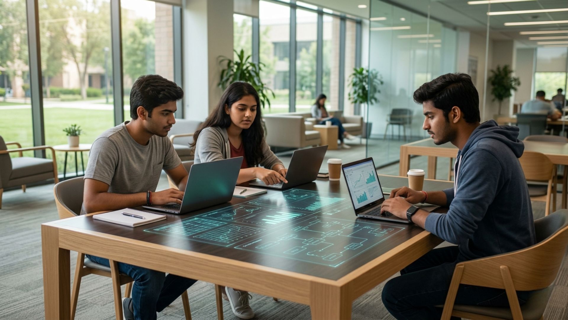 Students collaborating on coding and data projects in a modern campus workspace while exploring will computer science jobs exist in future