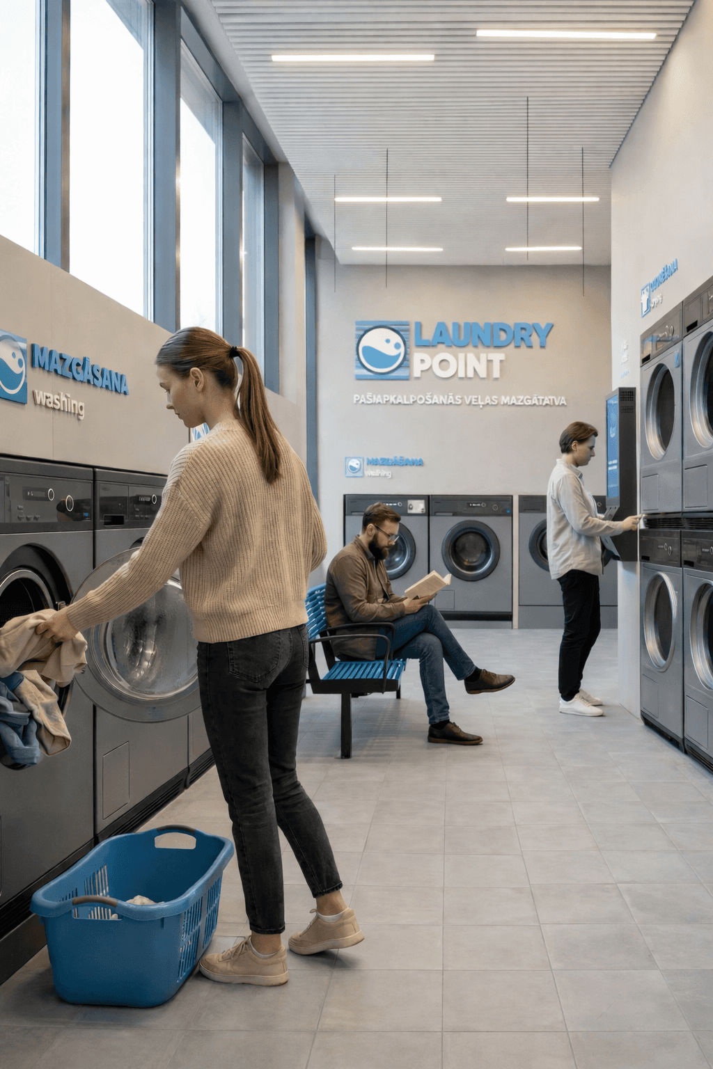 Cilvēki izmanto pašapkalpošanās veļas mazgātavu Laundry Point Rīgā ar profesionālām iekārtām