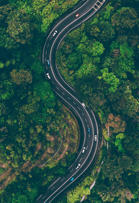 Aerial view of a winding road cutting through a dense green forest with cars driving along it.