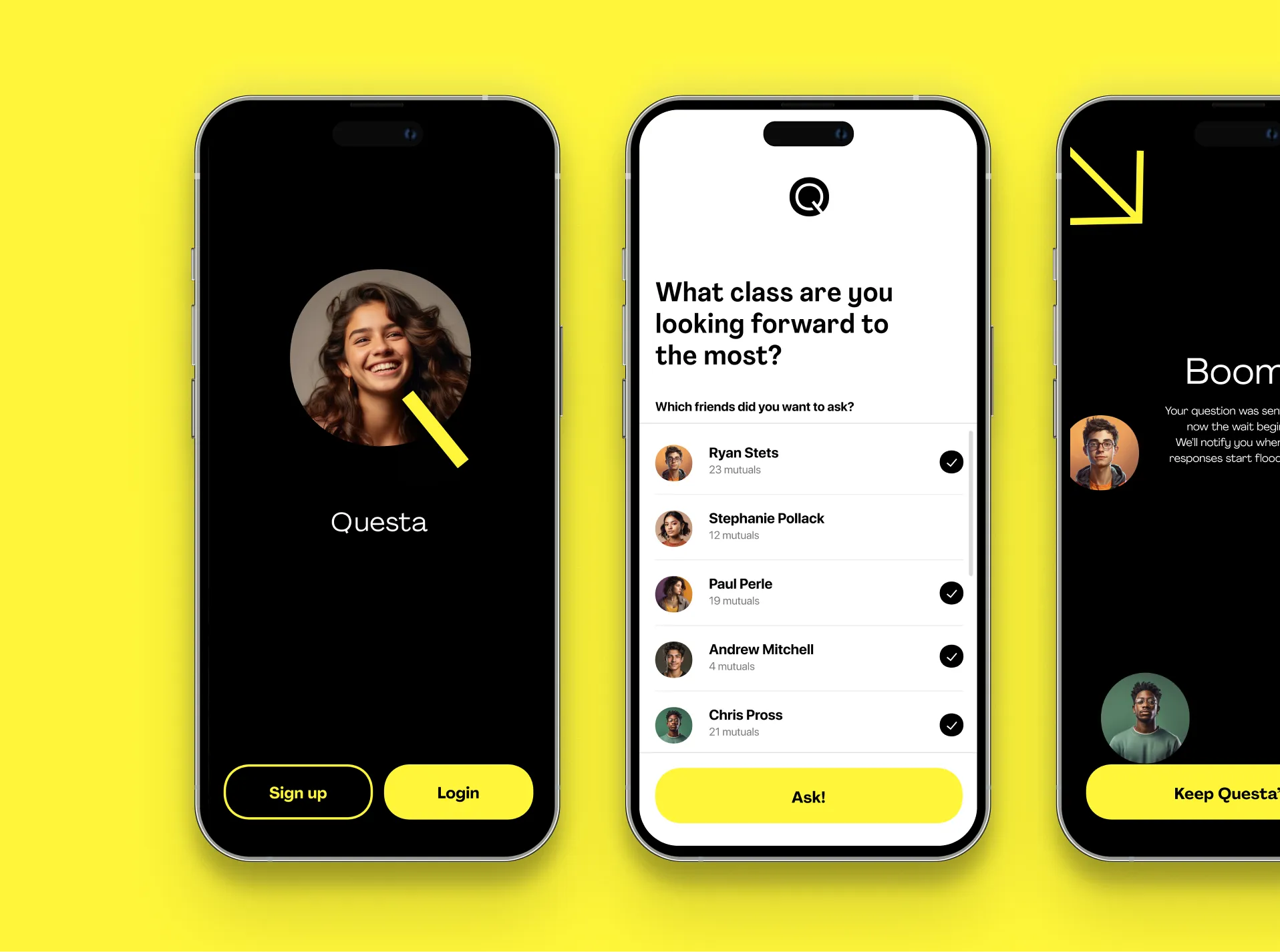 Three smartphones displayed on a bright yellow background, showing a user's profile and a list of features.