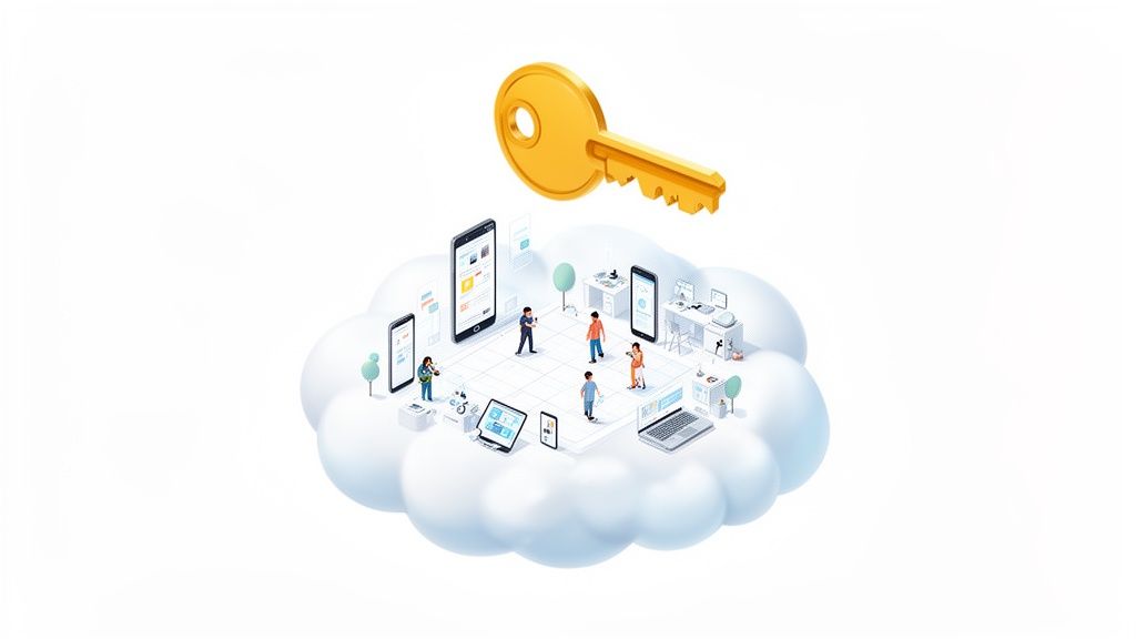 Golden key hovering above a cloud, depicting people accessing digital services on various devices.