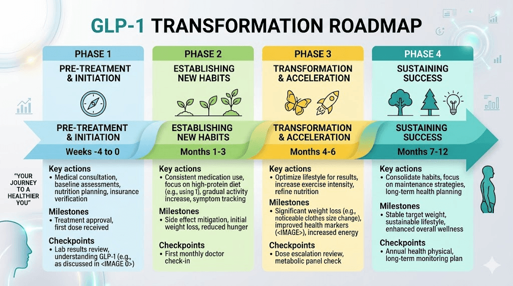 GLP-1 transformation planning roadmap showing four phases from pre-treatment through month 12 