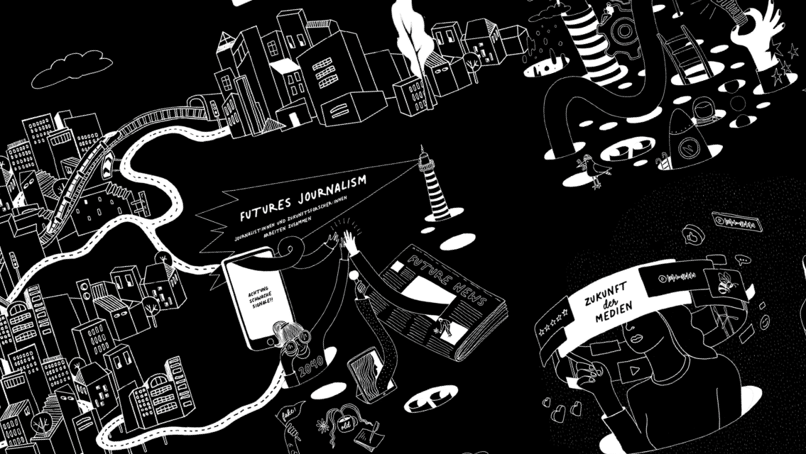 Ausschnitt eines Zukunftsbildes mit Illustrationen von Futures Journalism und Zukunft der Medien 